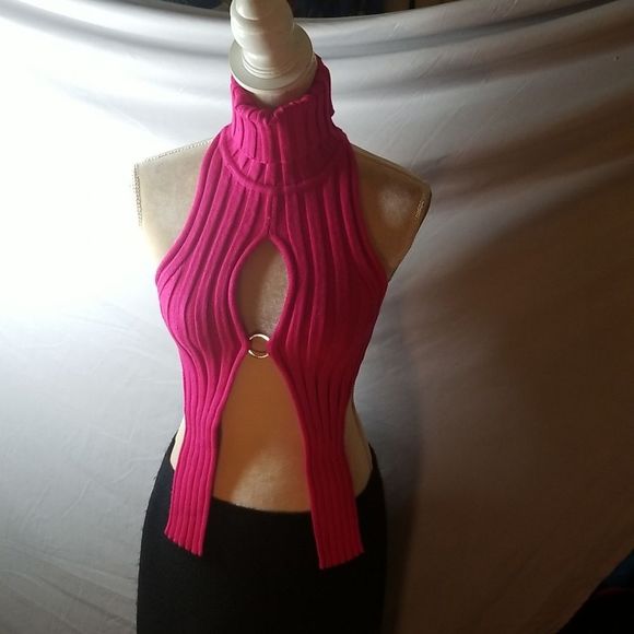 Daisy Slit Halter Turtleneck Sweater Top NWT Ribbed, Sexy, Open Front, Black, Pi - Picture 10 of 16